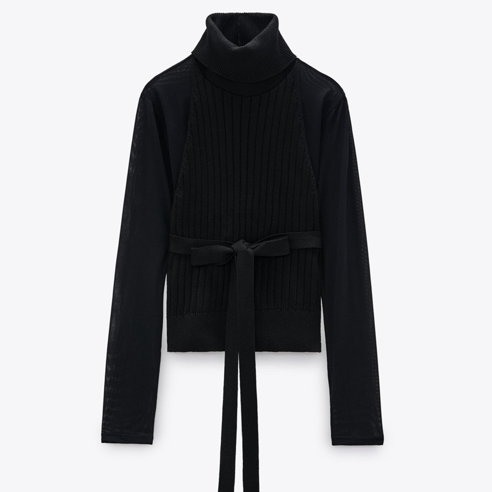 𝗡𝗪𝗧 𝗭𝗮𝗿𝗮 • Combination Sweater Belted High Collar Long Sleeve Black S